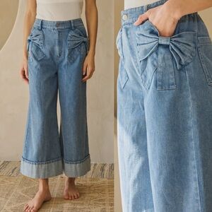 Light wash elastic bow pocket banded boho bohemian casual chic barrel jeans